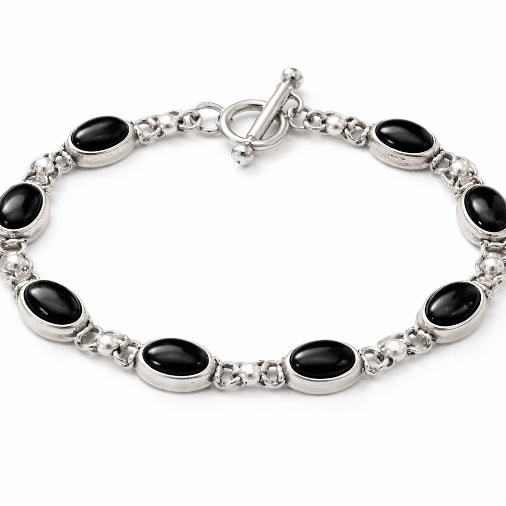925 Sterling Silver Black Onyx Link Bracelet | Toggle Clasp | 7.5” | 25g